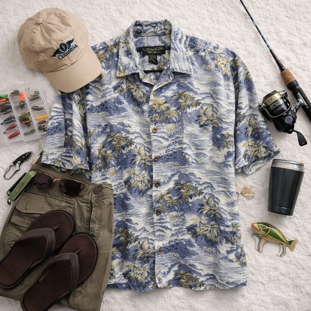 OF THE EARTH Hemp S Sleeve Button Up Hawaiian Shirt. Mens Size Large